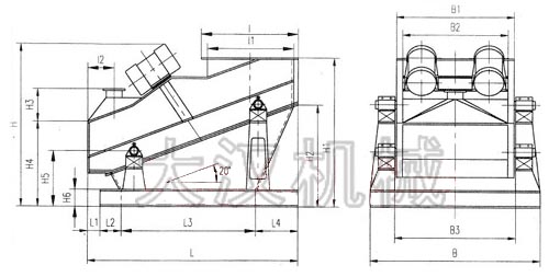 ZSG礦用振動篩外形示意圖：B為礦用振動篩寬度，L為礦用振動篩長度。H為礦用振動篩高度等。