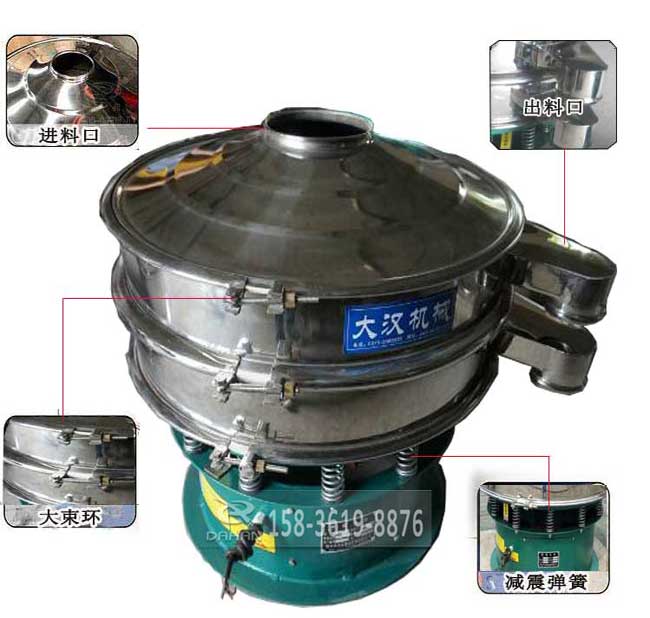 粗砂糖振動篩結(jié)構(gòu):進料口,出料口,大束環(huán),減震彈簧、