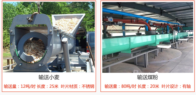 絞龍螺旋輸送機(jī)輸送小麥輸送量在12噸/時(shí),長(zhǎng)度為25米,葉片采用不銹鋼材質(zhì);輸送水泥輸送量在80噸/時(shí),長(zhǎng)度為20米,葉片設(shè)計(jì)為有軸。