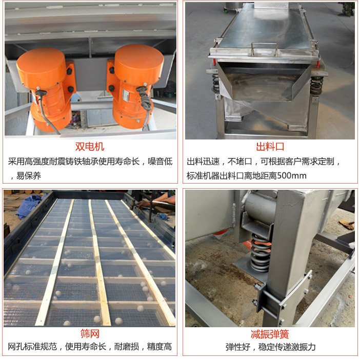 線振動篩配件優勢：雙電機采用高強度耐震鑄鐵軸承使用壽命長，噪音低，易保養，出料口：出料迅速，不堵口，可根據客戶需求定制標準機器出料口離地距離500mm。篩網：網孔標準規范，使用壽命長，耐磨損，精度高。減震彈簧彈性好，穩定傳遞激振力。