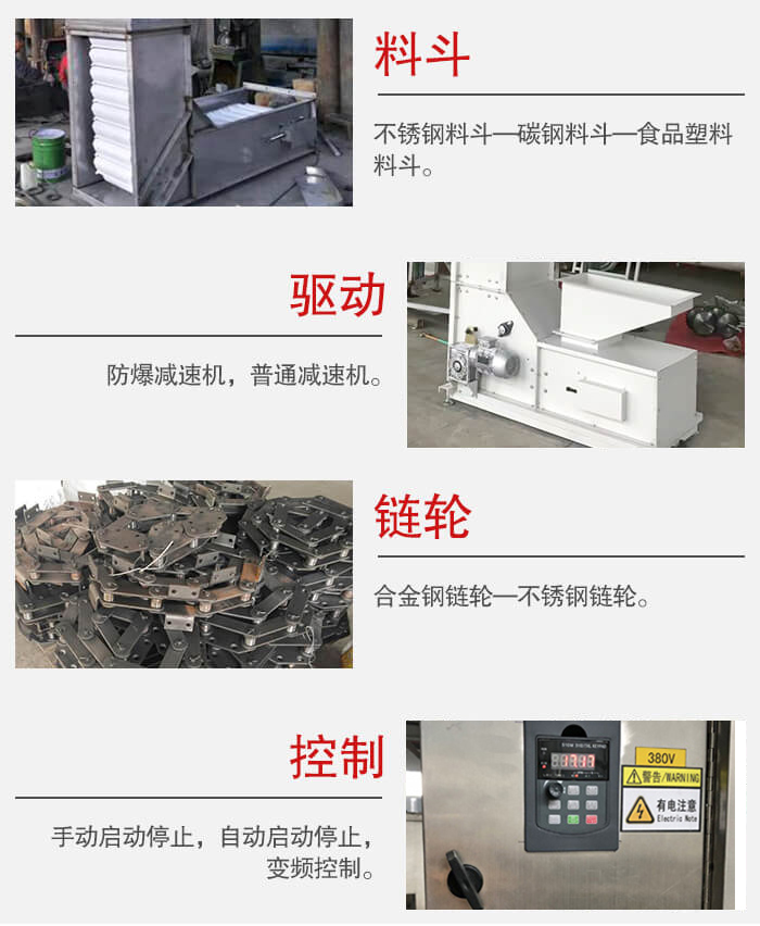 z型斗式提升機(jī)料斗:不銹鋼料斗-碳鋼料斗-食品塑料料斗。驅(qū)動(dòng)裝置采用的式防爆減速機(jī),普通減速機(jī)兩種。鏈輪采用合金鏈輪-不銹鋼鏈輪控制器:手動(dòng)啟動(dòng)/停止,以及自動(dòng)啟動(dòng)停止。