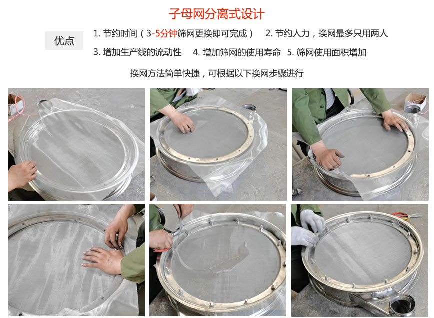 大漢振動機械換網優勢：1，節省時間（3-5分鐘篩網更換即可完成）2，節省人力，換網只有兩人。3.增加生產線的流暢性。4.增加篩網壽命，彈跳球不直接撞擊子網。5.篩網使用面積增加。