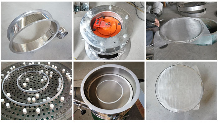 不銹鋼小型振動篩細(xì)節(jié):振動篩篩框,振動電機(jī)座,篩網(wǎng),彈跳球,密封圈,篩網(wǎng)網(wǎng)架。