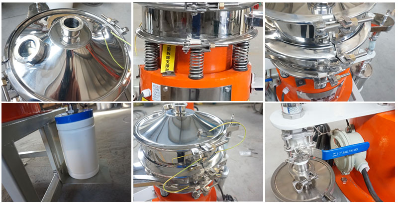 氣體保護超聲波振動篩細節(jié):控制閥,料罐,篩網。