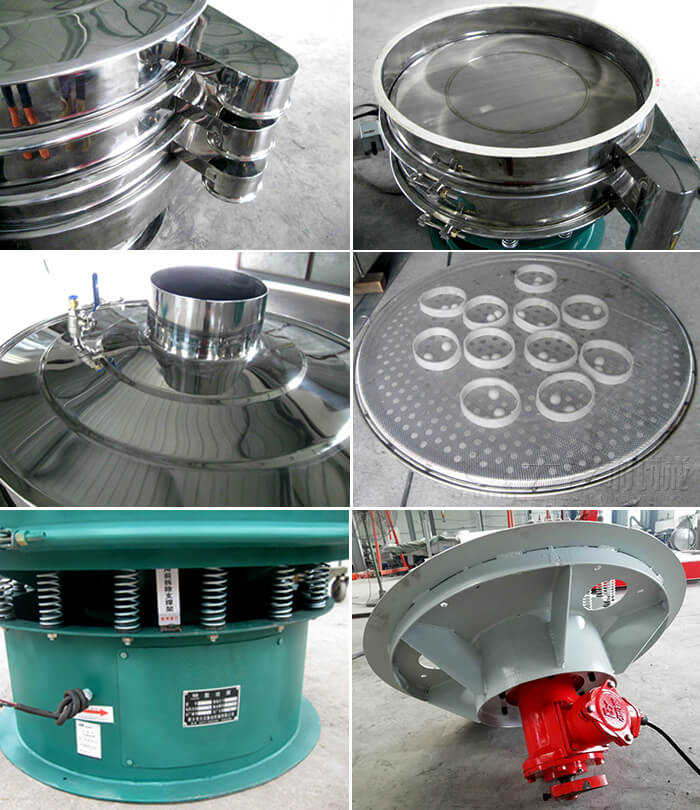 圓形旋振篩細(xì)節(jié)展示:出料口,篩網(wǎng),進(jìn)料口,網(wǎng)架,擋球環(huán),振動(dòng)彈簧,振動(dòng)電機(jī)等。