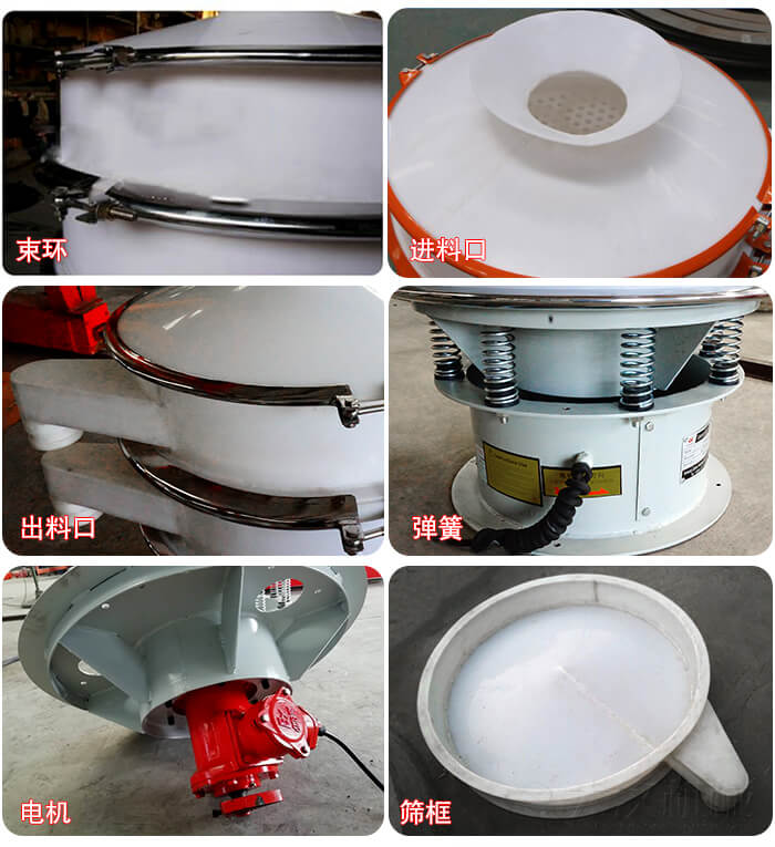 塑料防腐蝕振動篩細節(jié):進料口,框體,網(wǎng)架底框,出料口等。