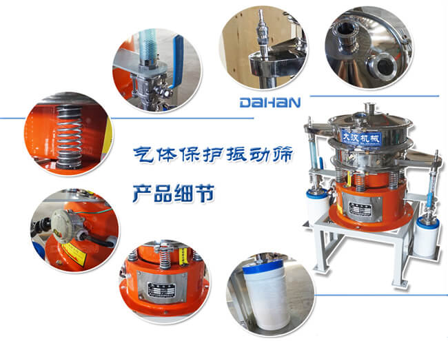 氣體保護振動篩細節:振動彈簧,手動閥門,料罐等。
